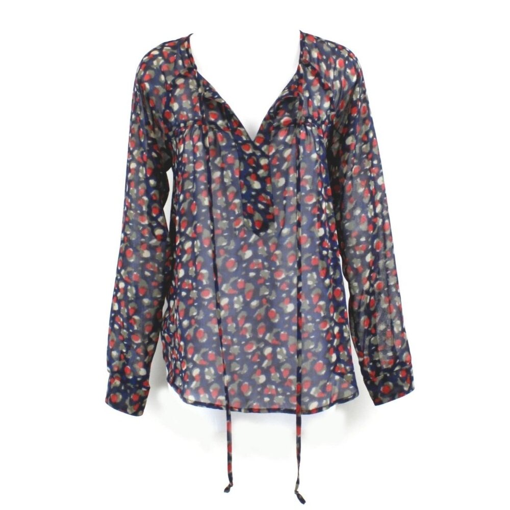 Sandra Ingrish Sz XS Navy Taupe Red Tie Collar LS Boho Sheer Polyester Top